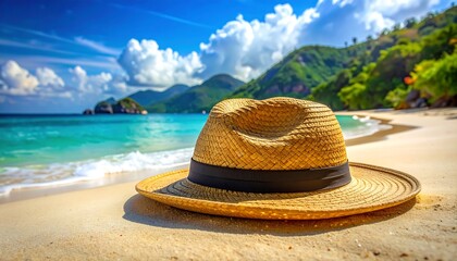 A straw hat rests on a sandy beach, overlooking a vibrant turquoise ocean, and lush green mountains under a bright sunny sky
