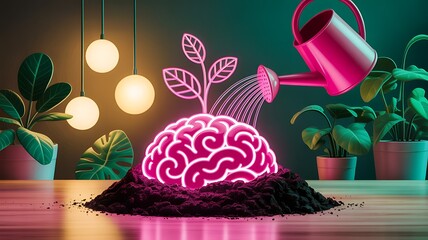 Glowing brain plant growing from soil with watering can