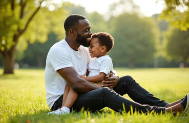 Happy black father hugs little son sitting on green grass in sunny park. Loving dad kisses childs forehead expressing affection, care. Joyful African American family enjoys summer day outdoors,