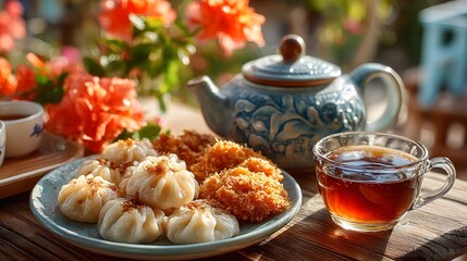 Delightful outdoor tea party in a blooming garden with dumplings, snacks, and tea on a wooden table. Vibrant flowers blur in the background.