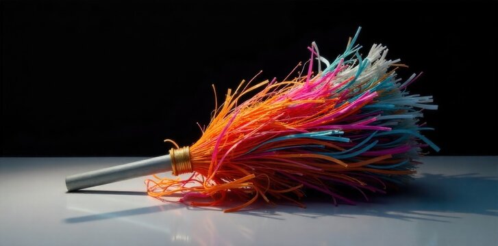 Artistic broom with colorful, fantastical bristles casting whimsical shadows. An artistic broom with bristles made of flowing, vibrant, multi colored ribbons or fibers, creating a fantastical effect.