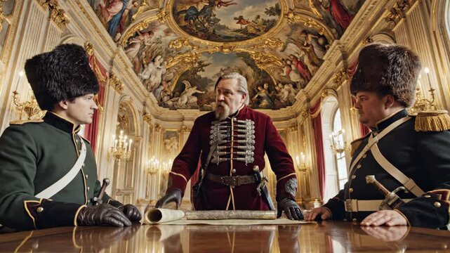 In a lavish palace adorned with art, two soldiers engage in an intense discussion with their commanding officer about important military plans. Tension builds as decisions hang in the balance.