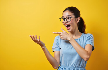 Asian woman with glasses points at open palm. Shows excitement, surprise, gesturing to unseen object. Expression joyful, engaging against bright yellow backdrop, inviting viewers to imagine