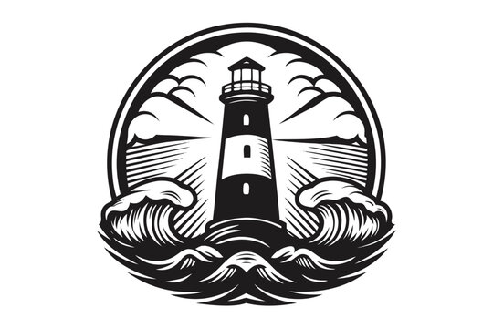 A black and white lighthouse surrounded by ocean waves stands tall within an oval frame