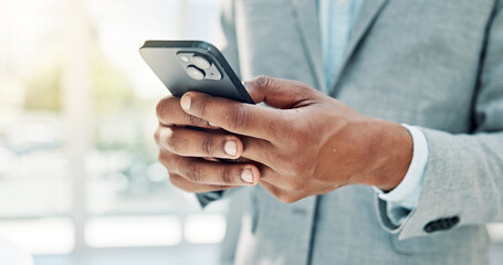 Hands, mobile and business person in workplace for insurance, policy notification or check schedule. Man, phone or broker in office with email for claims review, coverage information or communication