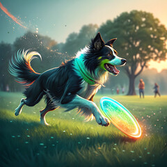 Playful border collie chasing glowing frisbee in a sunny park