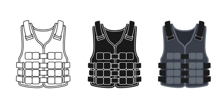 Weight vest Vector Set in Three Styles &mdash; Line Art, Silhouette and Color Version for fitness or tactical use a simple black and white design for backgrounds and graphics