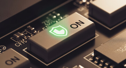 A close-up shot of a modern electronic circuit board, showcasing the ON button illuminated with a shield icon. Capturing the essence of protection and security.