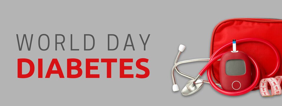Diabetes awareness: glucometer and stethoscope on gray background - Powered by Adobe