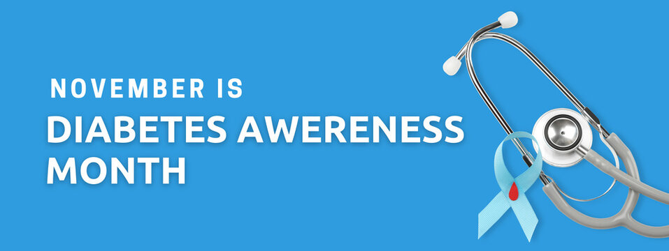 Teal ribbon for diabetes with stethoscope on blue