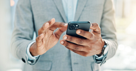 Hands, phone and business man in workplace for insurance, policy notification or check schedule....