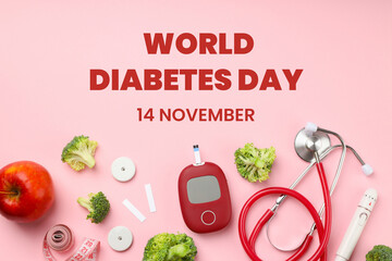 Arrangement of diabetes awareness items and healthy foods