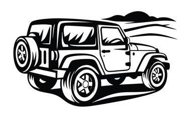 A black and white sport utility vehicle drives forward over a landscape