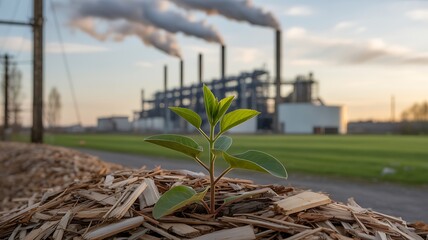 Young plant growing in foreground with industrial factory emitting smoke in background