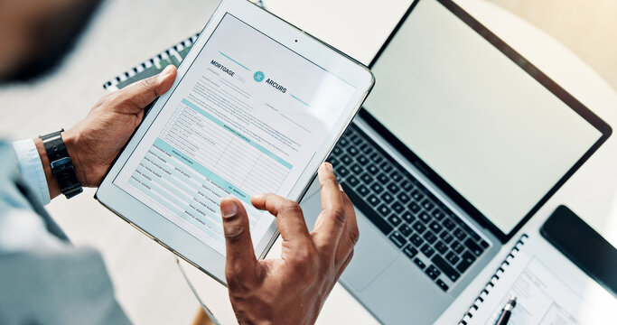 Businessman, hands or scroll in office with tablet, mortgage loan application or financial planning. Person, reading tech or laptop screen with mockup space, real estate financing form or information