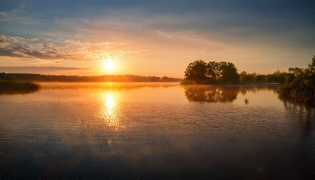 vibrant sunrise over a tranquil lake reflecting golden light and peaceful serenity perfect for wellness mindfulness and healthy lifestyle concepts horizon fresh air