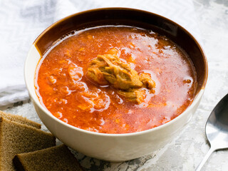 Delicious and aromatic red soup with meat, Ukrainian borscht. Traditional Ukrainian dish, cuisine