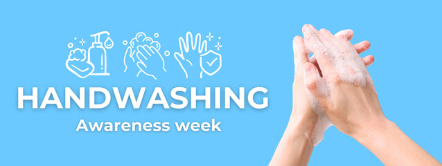 Soapy hands lathering against a blue backdrop