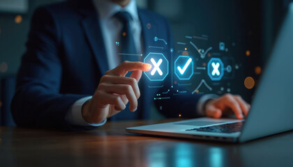 Man chooses options on holographic interface. Businessman selects virtual solution on computer. Choice between correct and incorrect, right and wrong. Modern tech allows business decisions fast.