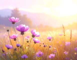 A sun-drenched meadow scene, soft light spills over violet cosmos flowers, golden grasses, and distant rolling hills