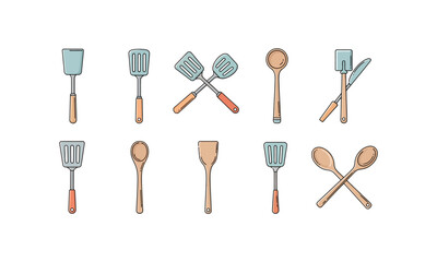 Pastel Cartoon Kitchen Utensils Illustration Featuring Spatulas, Spoons, and Knife