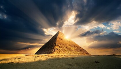 majestic pyramid of giza illuminated by divine rays amidst turbulent skies
