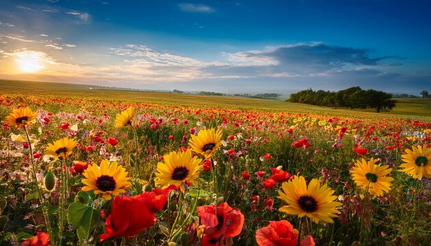 vibrant field bursting with a profusion of colorful flowers in full bloom a breathtaking display of nature s beauty perfect for spring summer floral and nature themes petals poppies sunflower