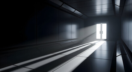 Interior hallway with bright light shining through a doorway, creating dramatic shadows.