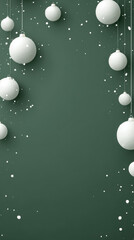 Fototapeta premium White Christmas ball decoration hanging on green background with snow effect for winter holiday celebration