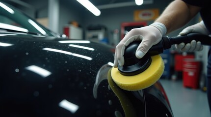 Manos expertas con guantes puliendo un coche negro
