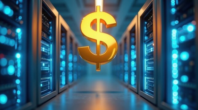 S&iacute;mbolo del d&oacute;lar flotando sobre una fila de servidores inform&aacute;ticos