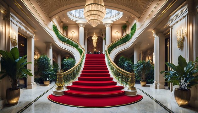 elegant grand staircase with red carpet runner lush greenery and opulent lighting in a palatial entrance hall