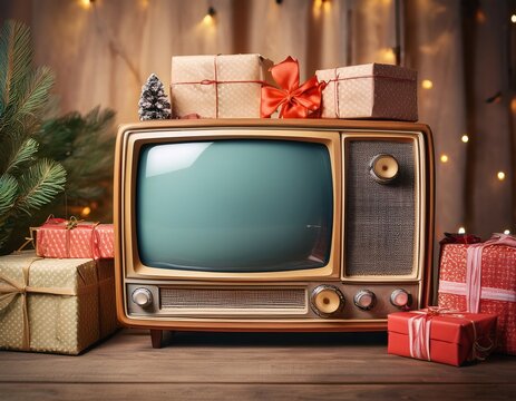 vintage television paired with neatly wrapped gifts creates nost