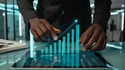 Businessman interacting with a glowing turquoise digital bar graph on a tablet screen finance - Powered by Adobe