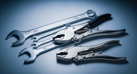 Metal wrenches and locking pliers are neatly arranged for mechanical repairs maintenance and industrial projects in a professional setting