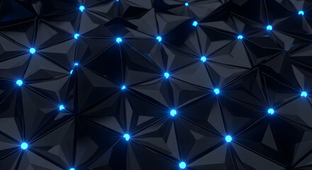 Abstract dark geometric surface with triangular facets and glowing blue nodes connecting the vertices, creating a network.