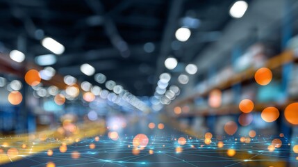 Global commerce and tariff effects: an industrial perspective. Virtual network. The whispers of tariff impact in warehouse ambiance. Intelligent network. Information flow.