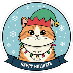 Cute kitten wearing elf hat and Christmas lights sticker