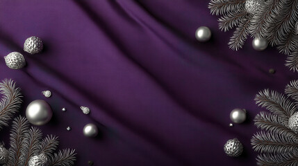 Silver Christmas ornaments and pine branches on purple fabric background with elegant festive mood