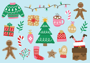 Collection of colourful Christmas elements. Christmas tree, ball, present, sock, cookie, cup, hat, sweater, gloves. Vector illustration
