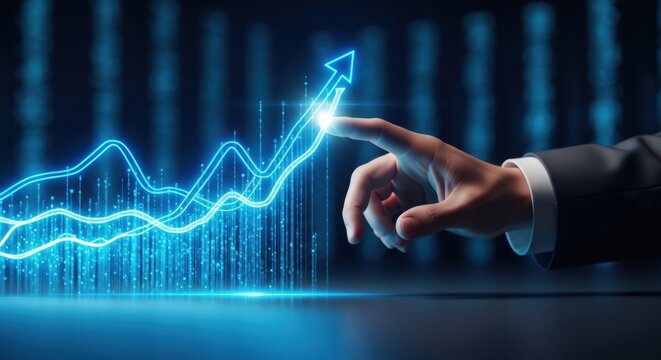 Hand interacting with a glowing blue upward trending graph representing growth and success in business and finance - Powered by Adobe