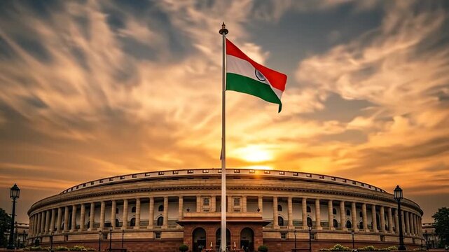 Flag Waving Above Government Building with Time Lapse Clouds at Sunset