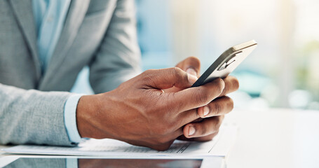 Hands, business and person with phone in office for research, stock market and trading online. Male trader, mobile and review for cryptocurrency, financial exchange and economic update for investment