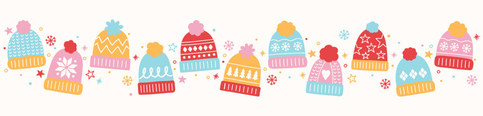 Fototapeta na wymiar Christmas banner with cute hand drawn winter hats. Vector illustration
