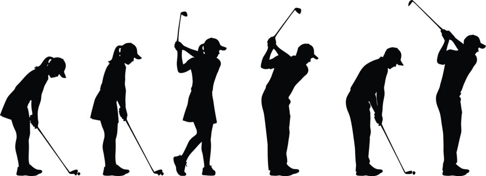 Golf players swing sequence silhouette vector