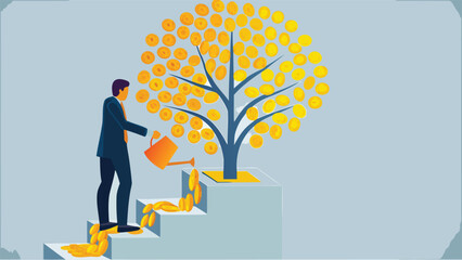 A businessman waters a tree made of golden coins symbolizing financial growth investment and prosperity in a banner or advertisement design