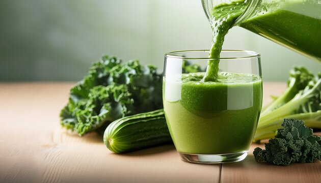 refreshing green smoothie being poured into a glass accompanied by fresh kale and cucumber - Powered by Adobe