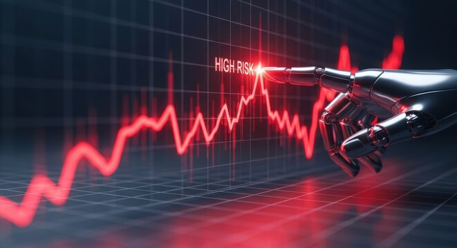 Robotic hand interacting with a volatile stock market chart indicating financial risk and technological advancement