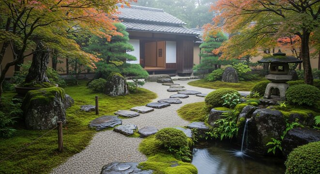 Experience serene beauty in a Japanese zen garden with tranquil waterfall, stone lantern, and vibrant autumn colors, perfect for wellness and travel inspiration