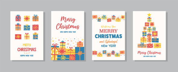 Collection of colourful Christmas posters in cartoon style. Greeting card decorated with cute hand drawn presents. Vector illustration